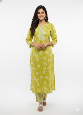 Elegant Lime Green Floral Printed Kurta Set with Dupatta