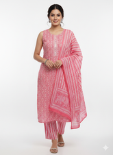 Sleeveless Pink Cotton Printed Kurti Set with Pants