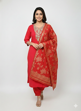 Elegant Crimson Red Kurta Set with Intricate Gold Embroidery & Floral Banarasi Dupatta