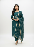 Elegant Bottle Green Embroidered Kurta Set with Striped Dupatta