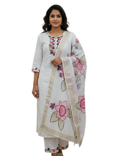 Elegant White Floral Embroidered Cotton khadi style Suit Set