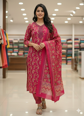Elegant Pink Floral Printed Kurta Set with Dupatta