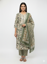 Elegant Sage Green Floral Print Cotton Kurta Set with Dupatta