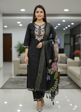 Elegant Black Khadi-Style Embroidered Kurta Set with Floral Dupatta