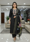 Elegant Black Khadi-Style Embroidered Kurta Set with Floral Dupatta