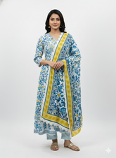 Elegant Blue & Yellow Floral Anarkali Set with Lace Detail