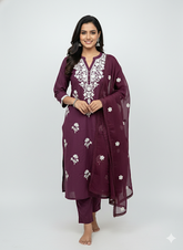 Exquisite Wine Purple Floral Embroidery Kurta Set with Organza Dupatta