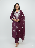 Exquisite Wine Purple Floral Embroidery Kurta Set with Organza Dupatta