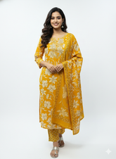 Mustard Yellow Floral Printed Suit Set with Dupatta