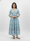 Elegant Blue & Yellow Floral Anarkali Set with Lace Detail