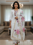 Elegant White Floral Embroidered Cotton khadi style Suit Set