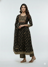 Elegant Black & Gold Printed Anarkali Set with Dupatta