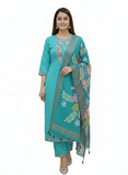 Embroidered Sea Green Khadi Cotton Suit Set with Floral Dupatta