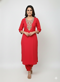 Elegant Crimson Red Kurta Set with Intricate Gold Embroidery & Floral Banarasi Dupatta