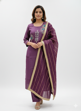 Elegant Mauve Hand-Embroidered Kurta Set with Striped Dupatta