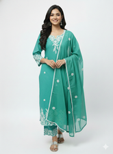 Sea Green Embroidered Straight Kurta Set with Dupatta & Pants