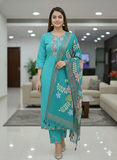 Embroidered Sea Green Khadi Cotton Suit Set with Floral Dupatta