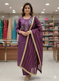 Elegant Mauve Hand-Embroidered Kurta Set with Striped Dupatta