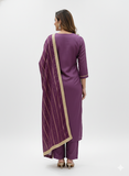 Elegant Mauve Hand-Embroidered Kurta Set with Striped Dupatta