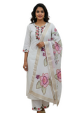 Elegant White Floral Embroidered Cotton khadi style Suit Set