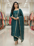 Elegant Bottle Green Embroidered Kurta Set with Striped Dupatta