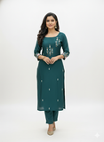 Elegant Bottle Green Embroidered Kurta Set with Striped Dupatta