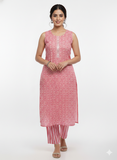 Sleeveless Pink Cotton Printed Kurti Set with Pants
