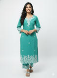 Sea Green Embroidered Straight Kurta Set with Dupatta & Pants