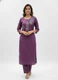 Elegant Mauve Hand-Embroidered Kurta Set with Striped Dupatta