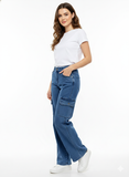 Teen Girls' Wide-Leg Blue Denim Cargo Jeans