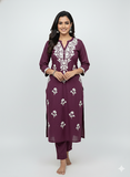 Exquisite Wine Purple Floral Embroidery Kurta Set with Organza Dupatta