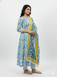 Elegant Blue & Yellow Floral Anarkali Set with Lace Detail