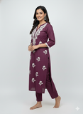 Exquisite Wine Purple Floral Embroidery Kurta Set with Organza Dupatta