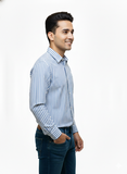 Men’s Blue & White Vertical Striped Cotton Shirt